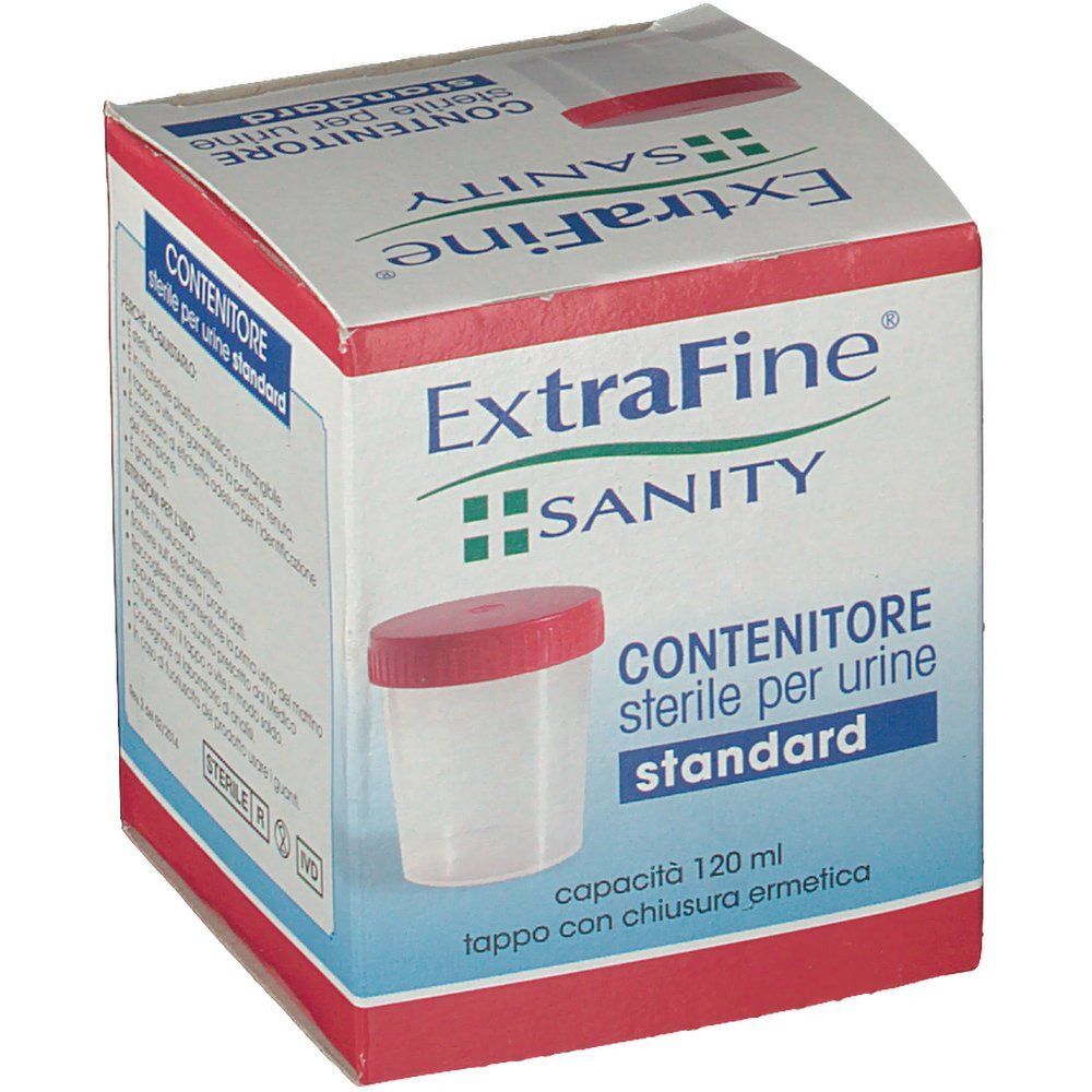 Contenitore per urine standard ExtraFine Sanity, 120 ml, in plastica con tappo a vite.