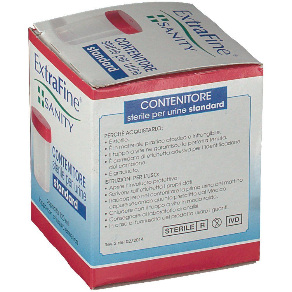 Contenitore sterile per urine ExtraFine Sanity, 120 ml, con tappo a vite.