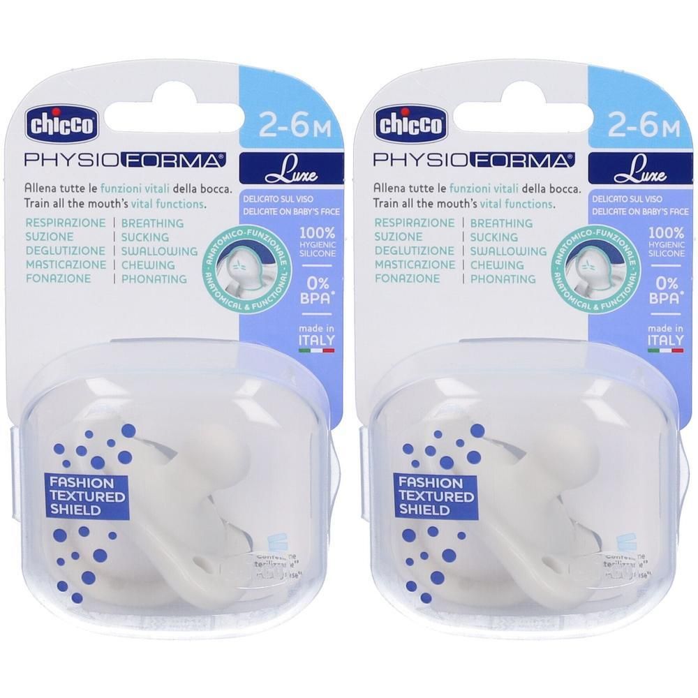 Due succhietti Chicco PhysioForma Luxe per 2-6 mesi, bianchi, con scudo testurizzato.