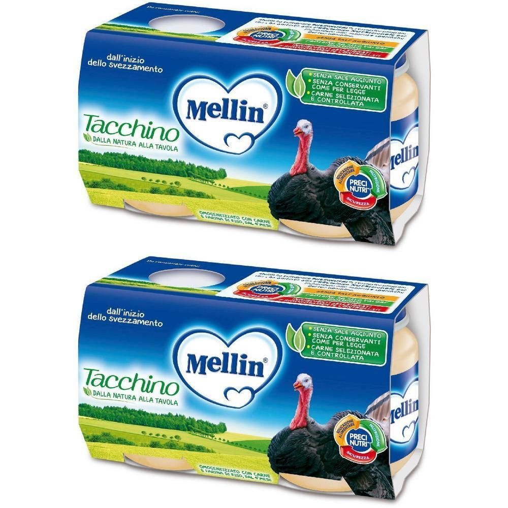 Due confezioni di Mellin Tacchino per neonati, con immagine di tacchino e paesaggio verde.