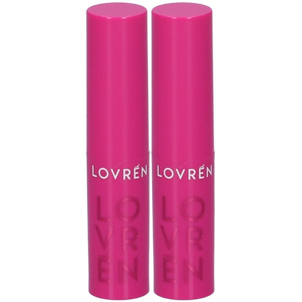 Due tubetti di rossetto rosa con il nome del marchio LOVRÉN.