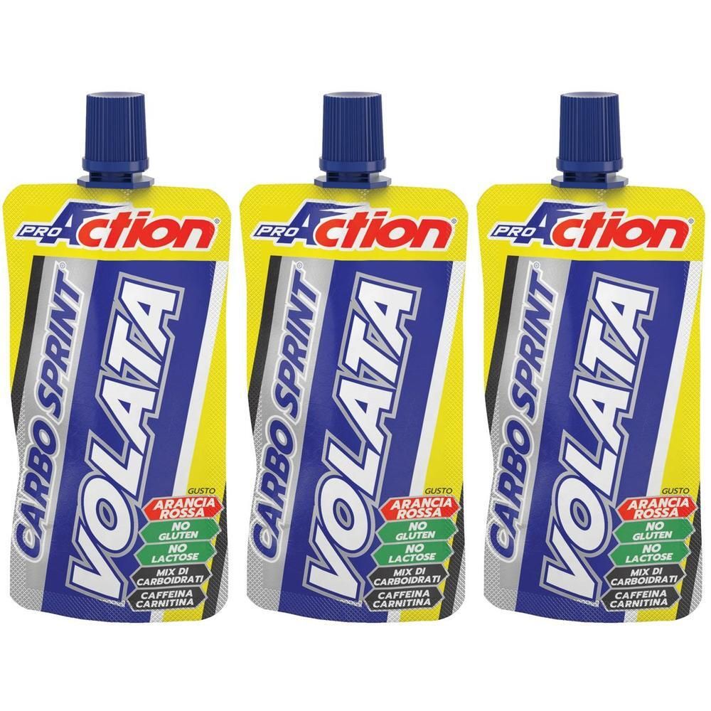 Tre bustine ProAction Carbo Sprint Volata con tappo blu. Confezione gialla con scritte blu e bianche.