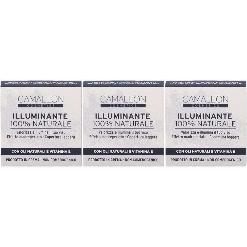 Tre scatole Camaleon Illuminante 100% Naturale Cosmetici, bianche con scritte nere.