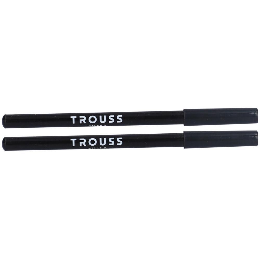 Due matite cosmetiche nere con scritta bianca 'TROUSS MILANO'.