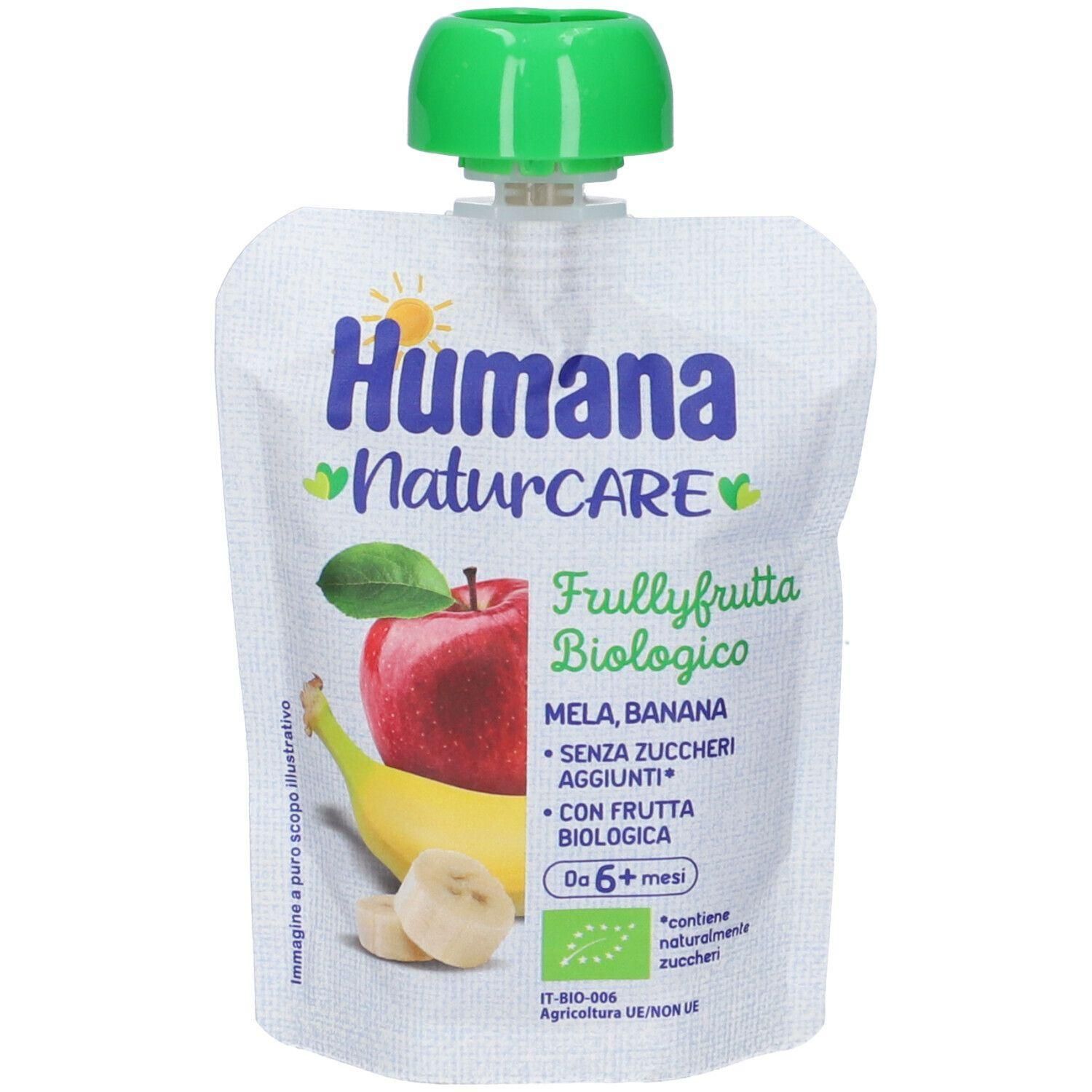 Sacchetto Humana Naturcare Fruityfruit Biologico Mela-Banana con tappo verde. Mostra una mela e una banana.