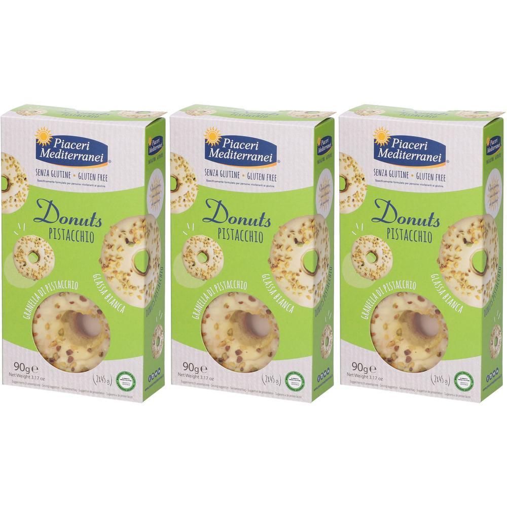 Tre confezioni di ciambelle senza glutine al pistacchio Piaceri Mediterranei, 90g ciascuna.