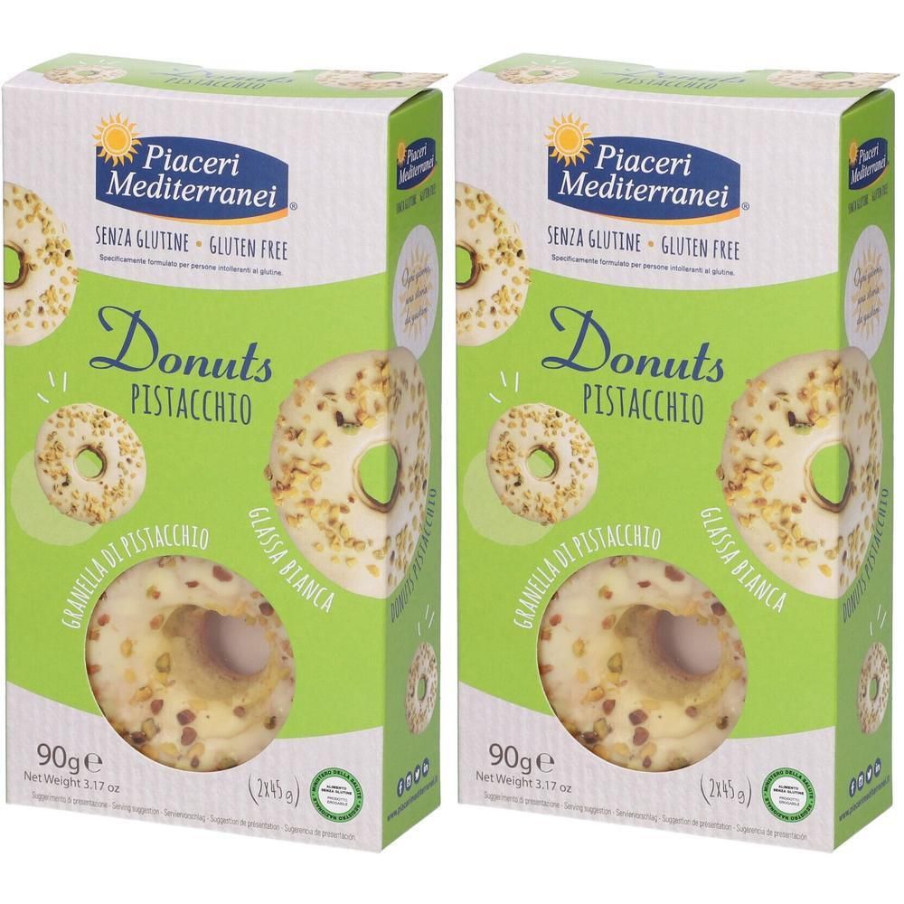 Due confezioni di Donuts Pistacchio Senza Glutine Piaceri Mediterranei, 90g ciascuna.