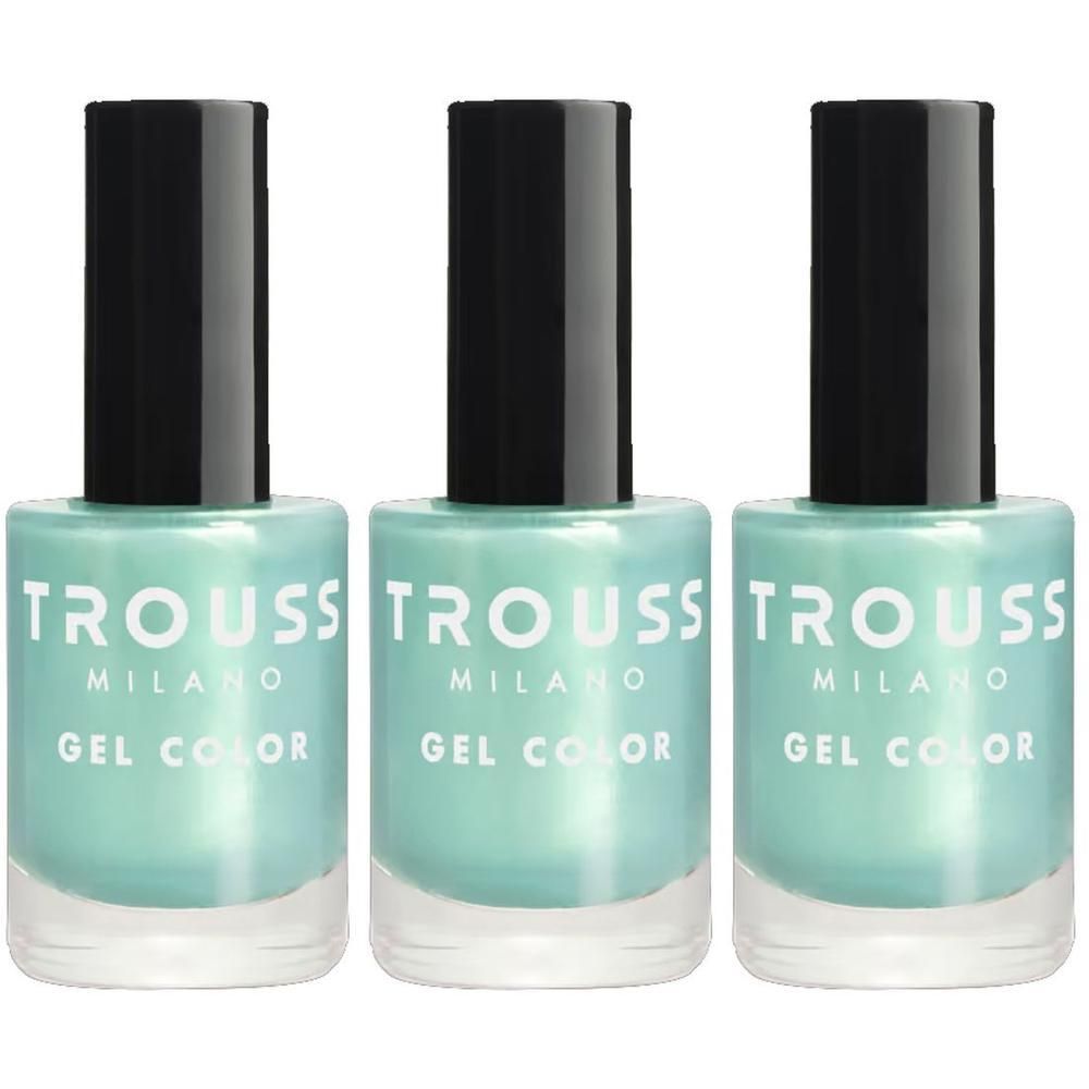 Tre boccette di smalto gel color menta con tappi neri. Marca: TROUSS MILANO.
