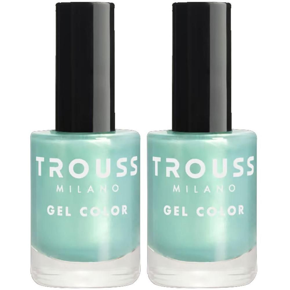 Due boccette di smalto verde menta con tappi neri, etichettate "TROUSS MILANO GEL COLOR".