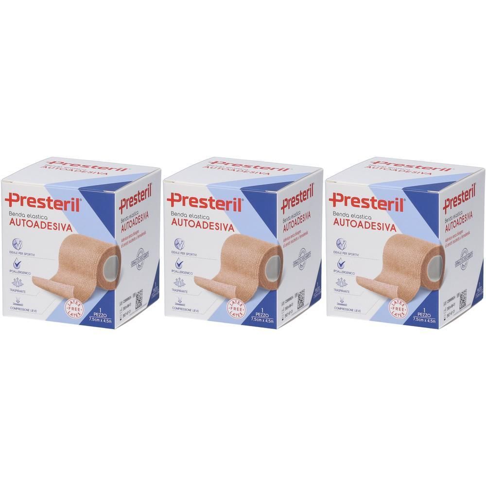 Tre confezioni di benda elastica autoadesiva Presteril color carne, ciascuna con un rotolo di benda.