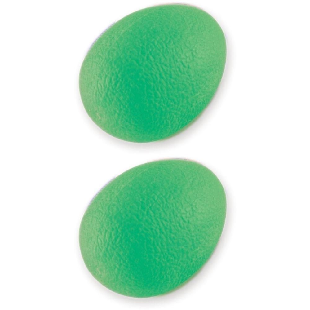 Due uova in silicone verdi per il rafforzamento delle mani.
