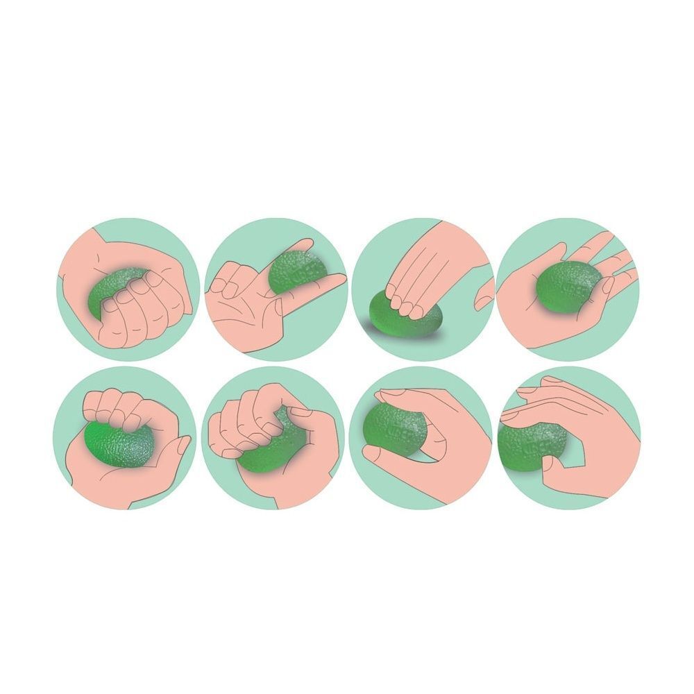 Illustrazioni sull'uso di uova per esercizi per le mani in diverse prese.