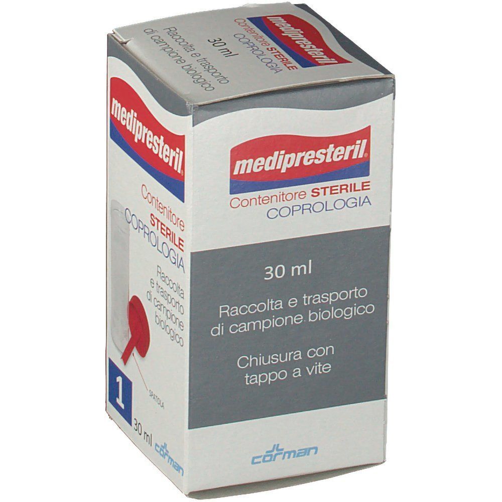 Contenitore sterile Medipresteril Coprologia 30ml. Vista laterale della scatola di cartone con caratteristiche del prodotto.