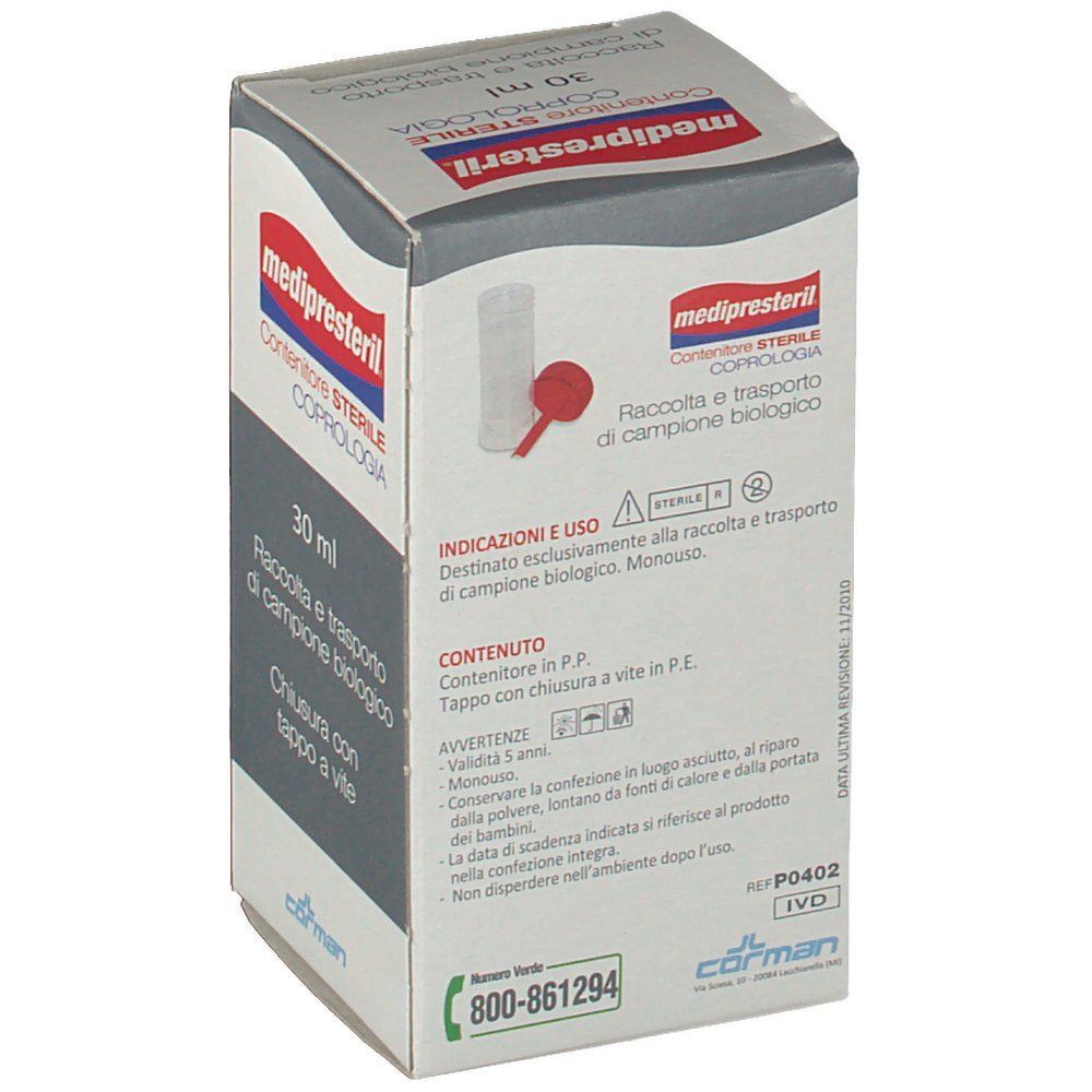 Contenitore sterile Medipresteril Coprologia 30ml. Retro della confezione con indicazioni d'uso e contenuto.