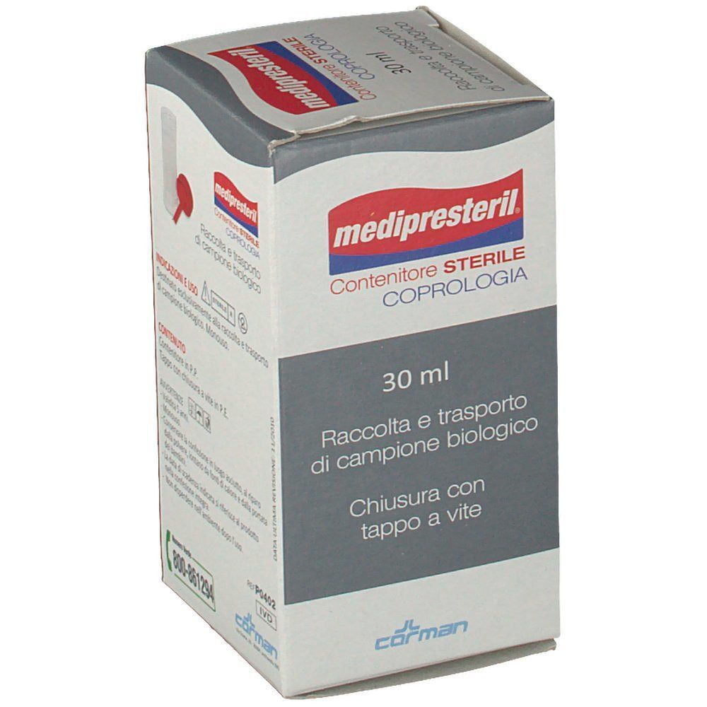 Contenitore sterile Medipresteril Coprologia 30ml. Fronte della confezione con nome del prodotto e volume.