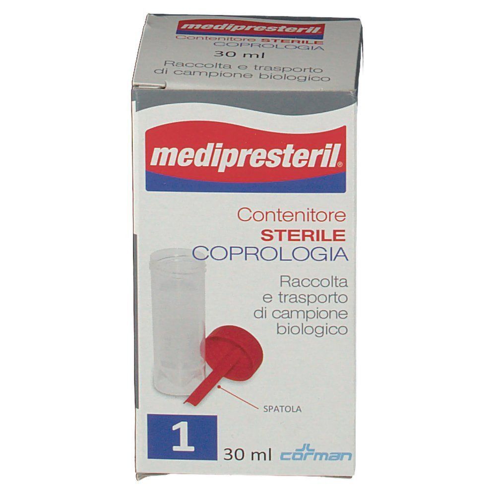 Contenitore sterile Medipresteril Coprologia 30ml. Vista dettagliata del contenitore e della spatola rossa.