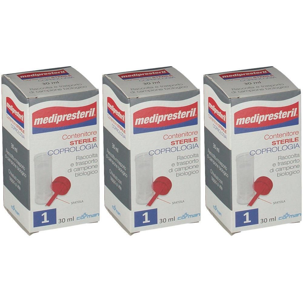 Tre scatole Medipresteril contenitore sterile coprologia, 30 ml.