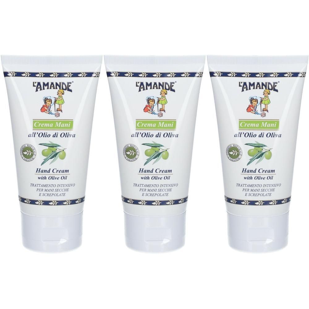Tre tubi di crema mani all'olio di oliva di L'AMANDE.