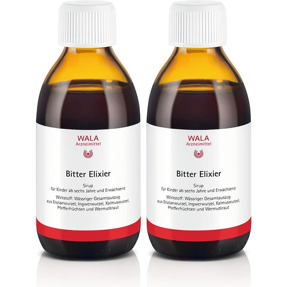 Due flaconi in vetro ambrato con tappo bianco, contenenti liquido scuro. Etichetta: WALA Bitter Elixier Sirup.