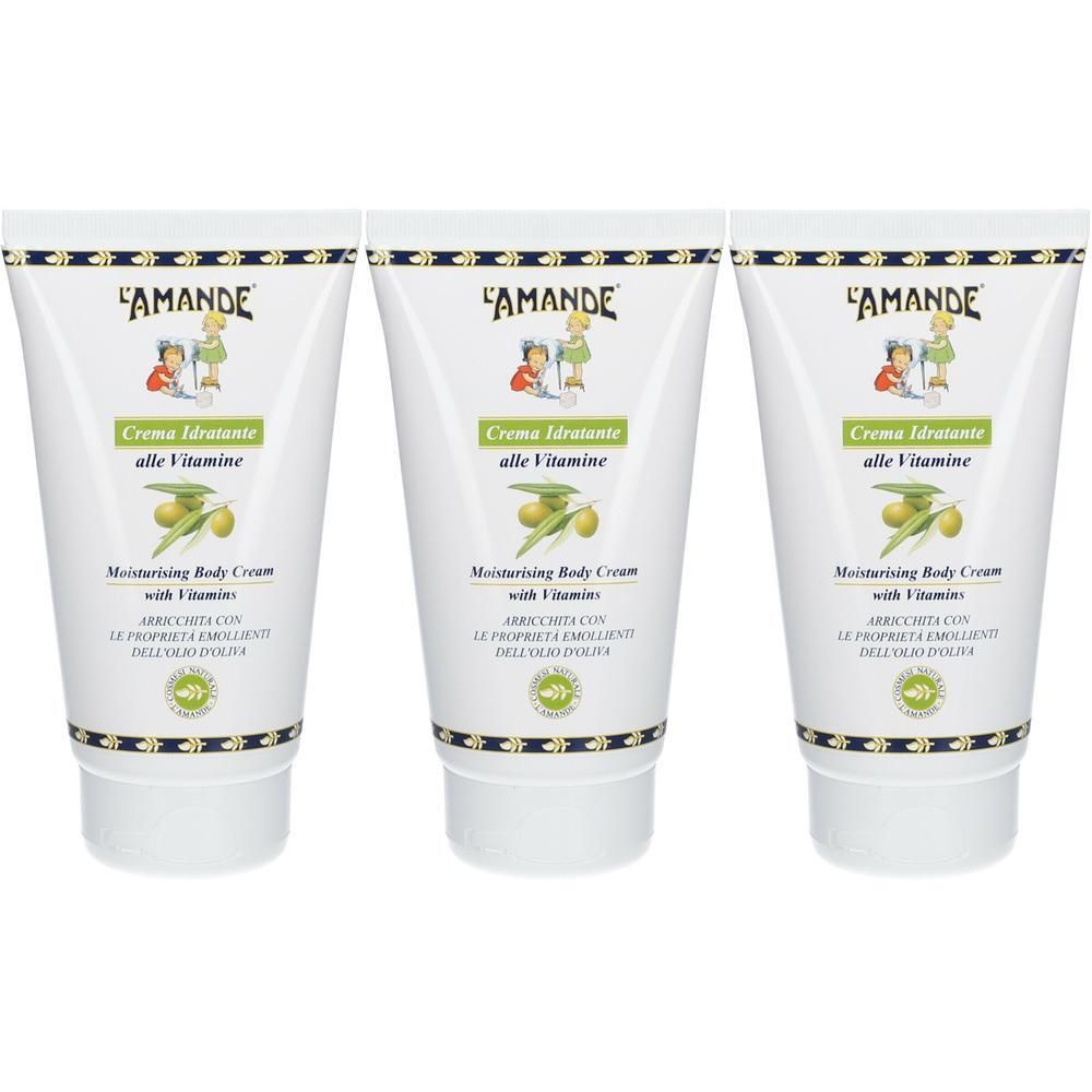 Tre tubi di L'Amande Crema Corpo Idratante alle Vitamine con olio d'oliva.
