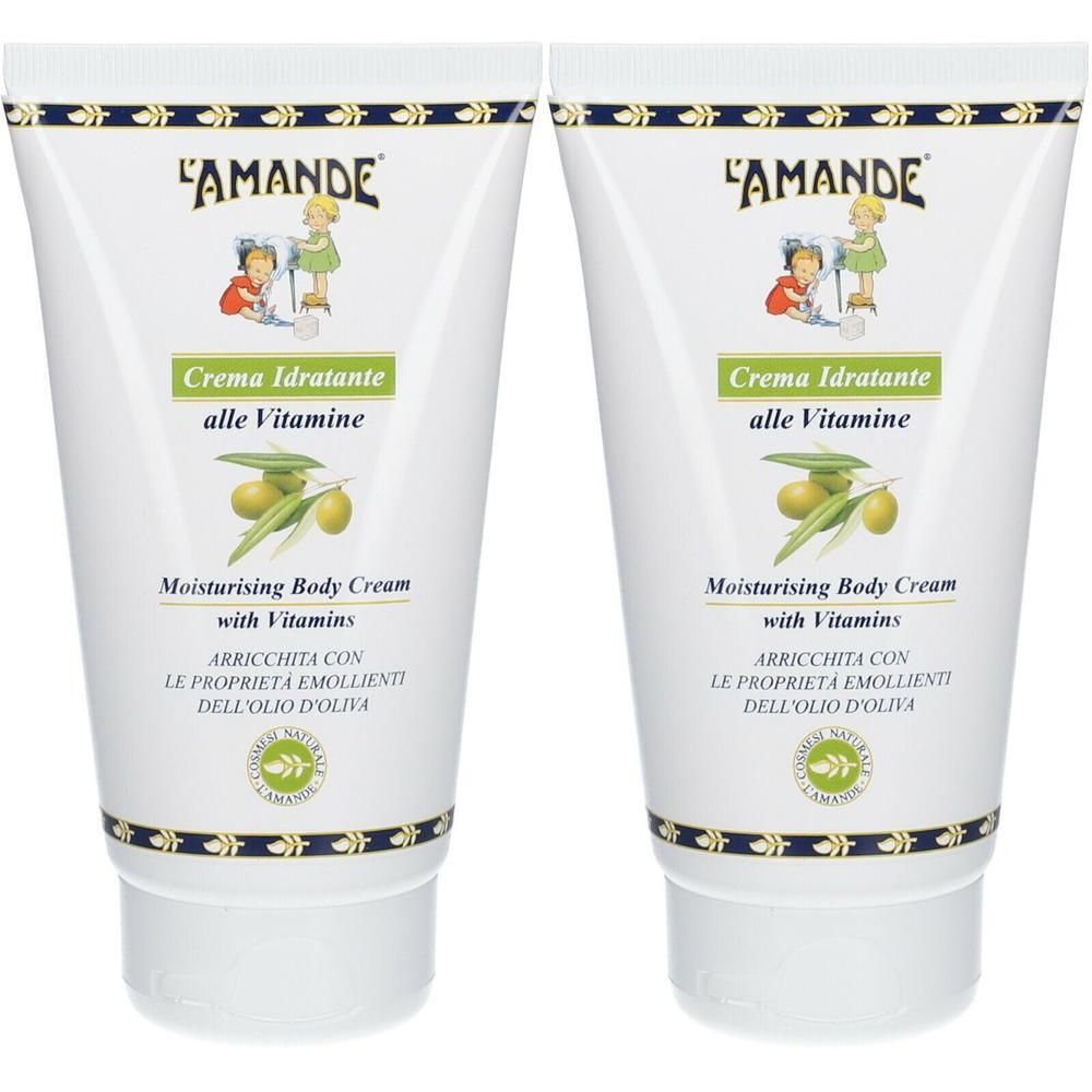 Due tubi di L'Amande Crema Corpo Idratante alle Vitamine con olio d'oliva.