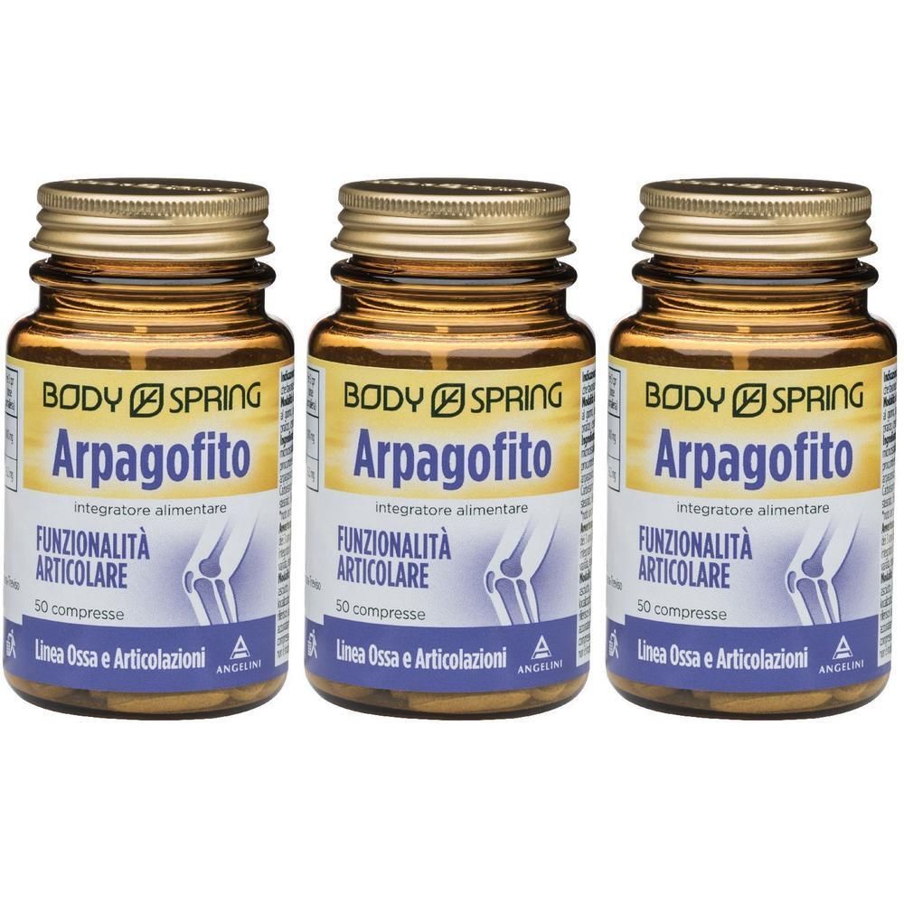 Tre flaconi di Body Spring Arpagofito, integratore alimentare per articolazioni, 50 compresse per flacone.