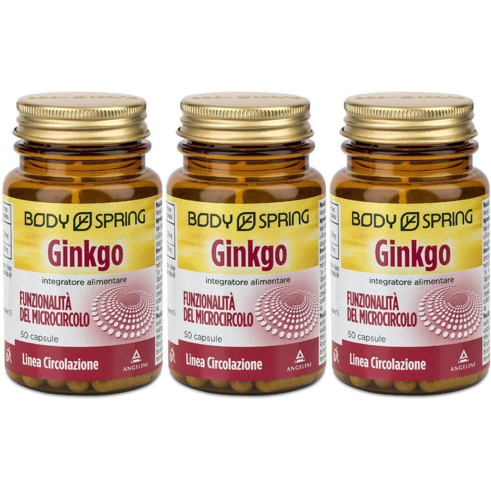 Tre flaconi di Body Spring Ginkgo, integratore alimentare per la microcircolazione, 50 capsule per flacone.