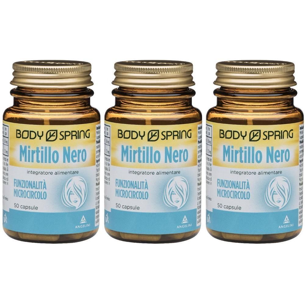 Tre flaconi di Body Spring Mirtillo Nero, integratore alimentare da 50 capsule.