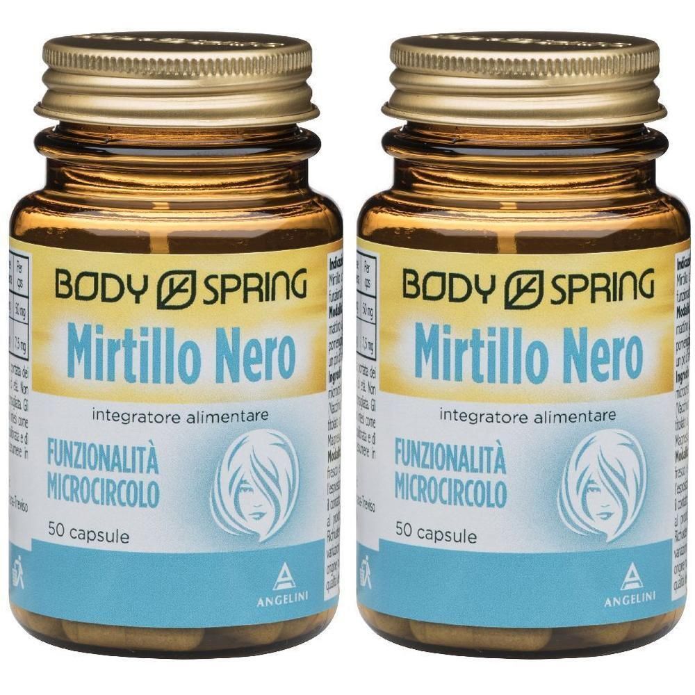 Due flaconi Body Spring Mirtillo Nero, 50 capsule per flacone, integratore alimentare.