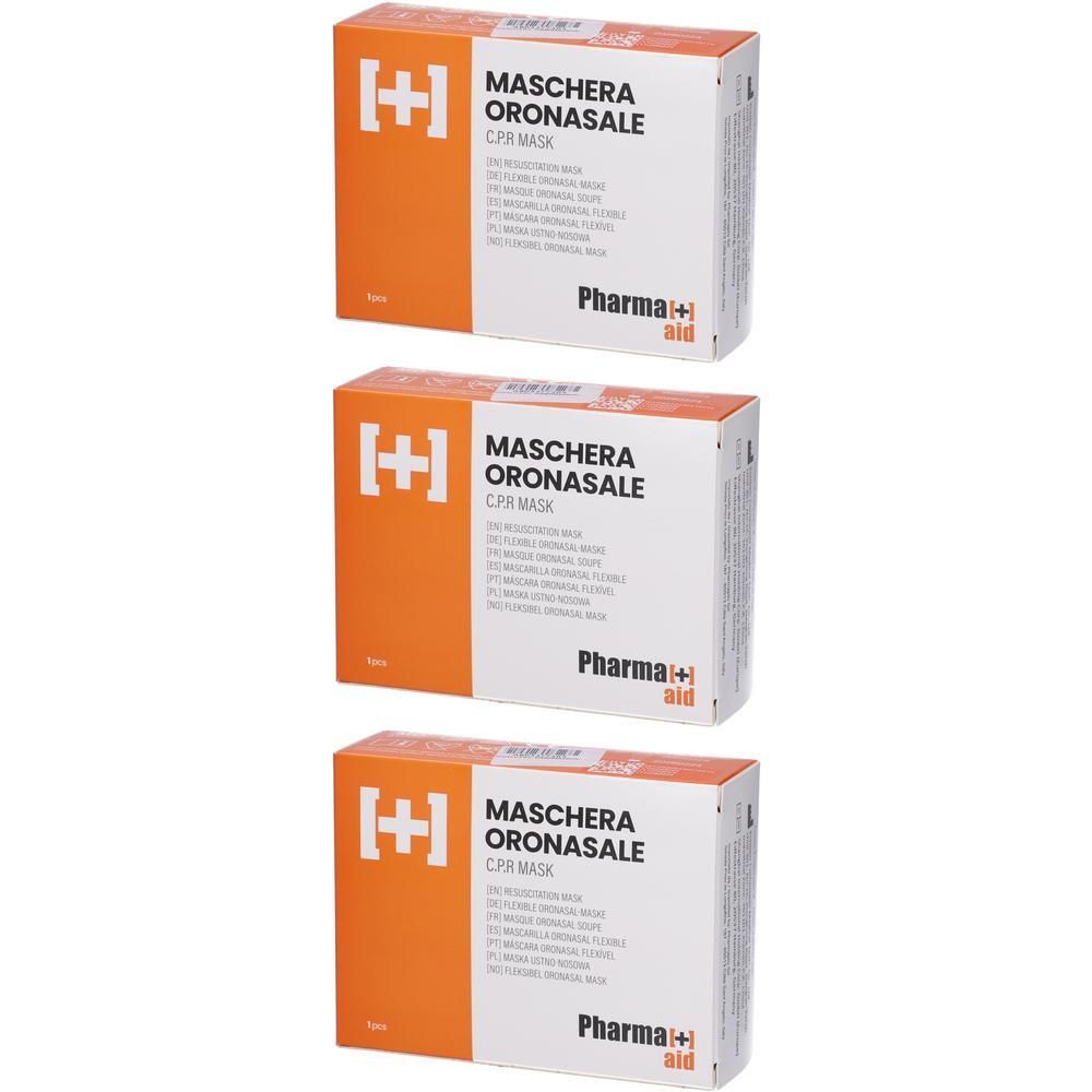 Tre scatole di maschere CPR di Pharma+aid. Le maschere sono progettate per la rianimazione bocca a bocca.