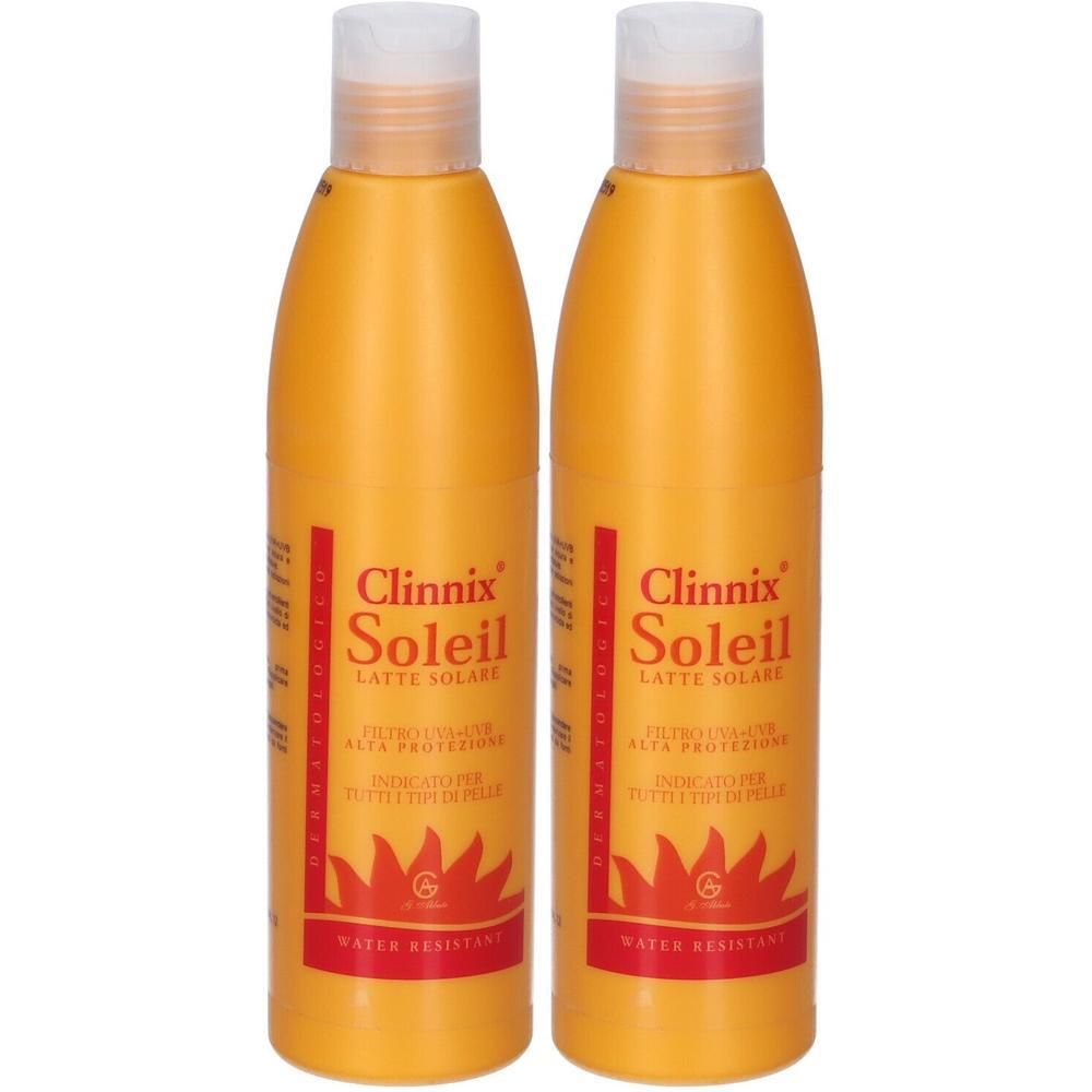 Due flaconi arancioni Clinnix Soleil Latte Solare con tappo bianco. Resistente all'acqua.