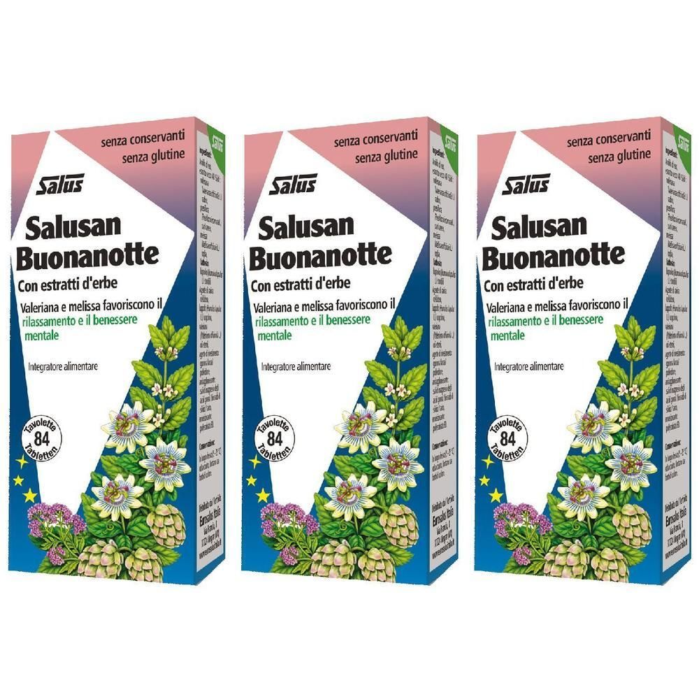 Tre confezioni di Salusan Buonanotte con estratti di erbe, senza glutine e conservanti.