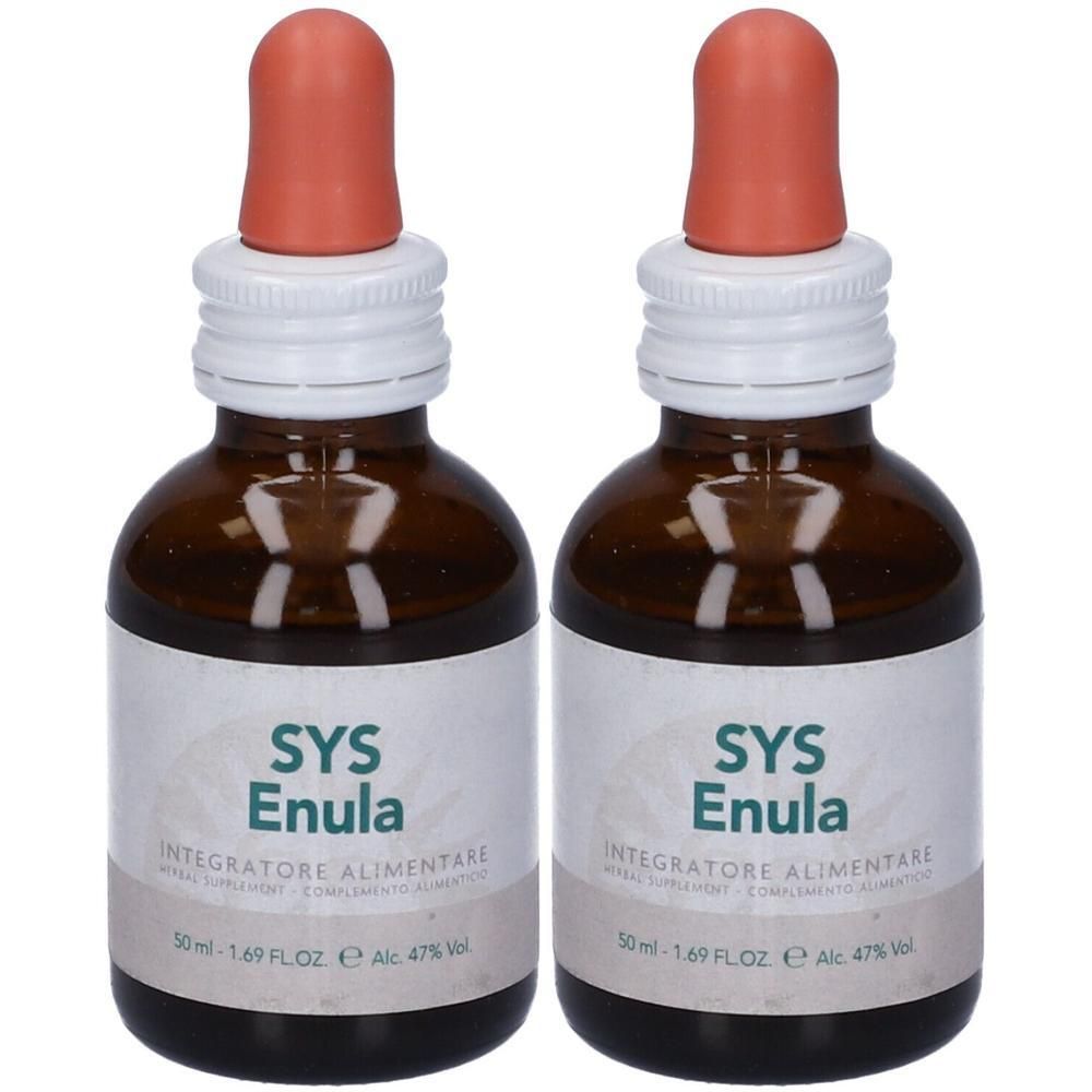 Due flaconi in vetro ambrato con contagocce, etichetta "SYS Enula".