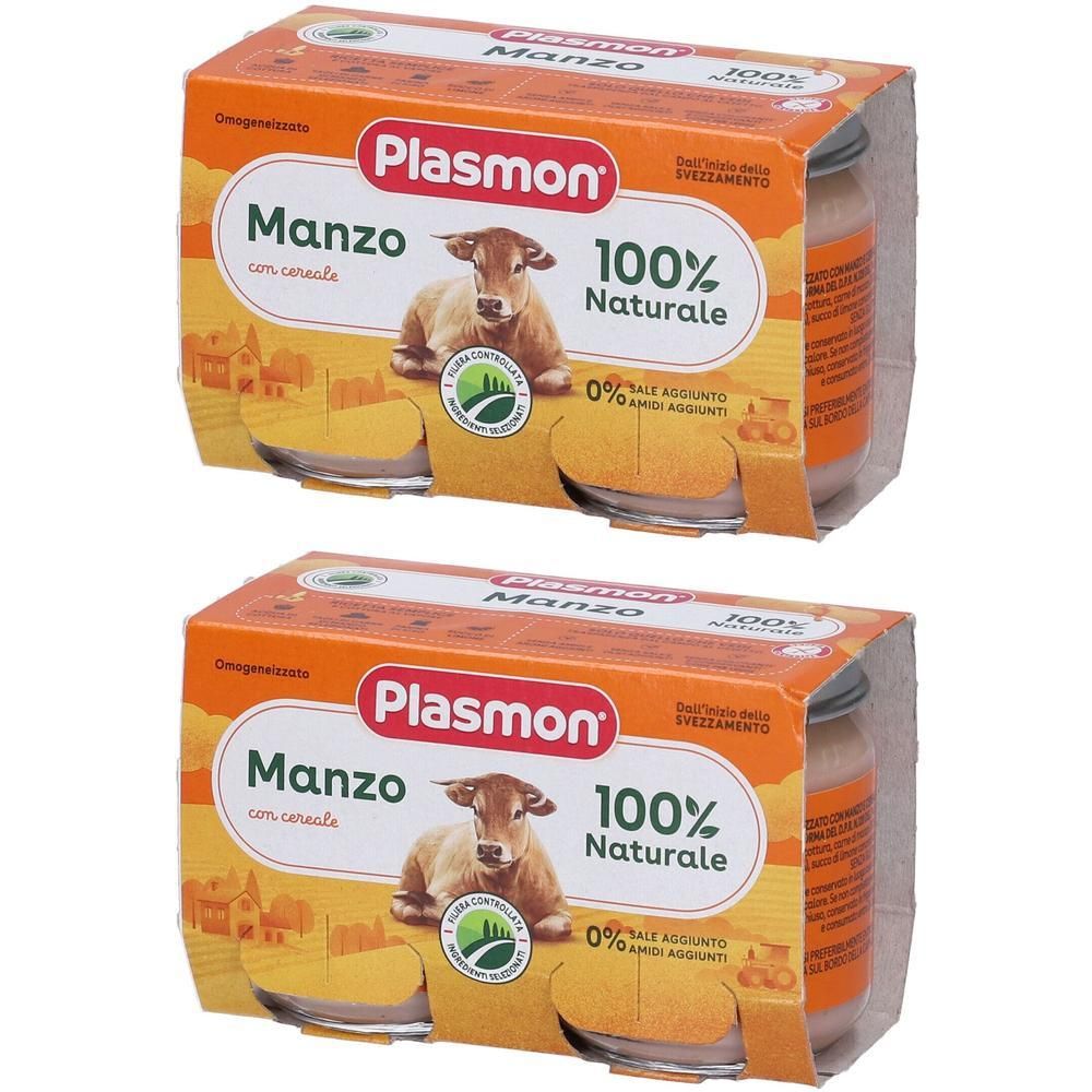 Due confezioni di omogeneizzato Plasmon Manzo con cereali in vasetti.
