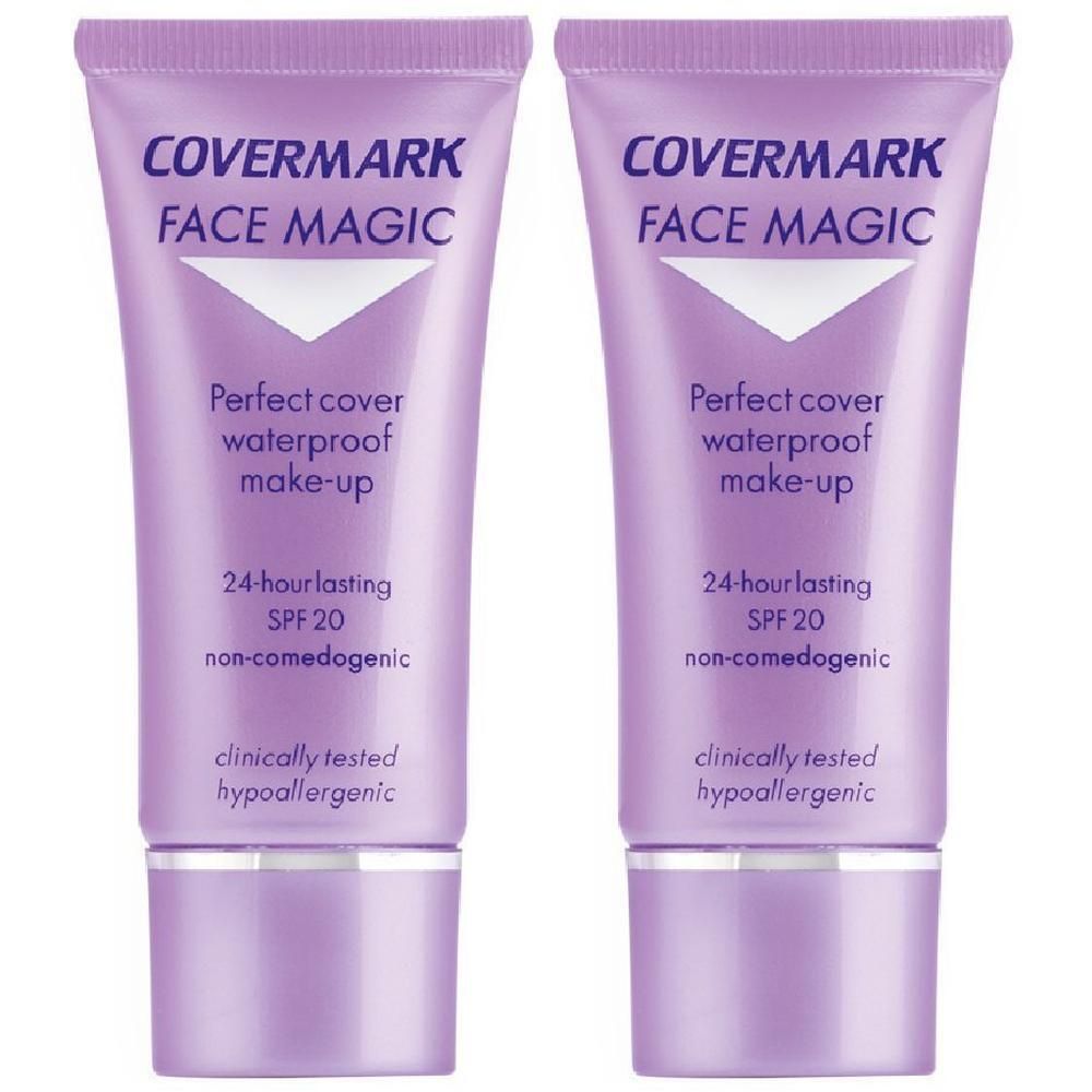 Due tubetti viola Covermark Face Magic Perfect Cover trucco waterproof, lunga tenuta 24 ore, SPF 20, non comedogenico, testato clinicamente, ipoallergenico.
