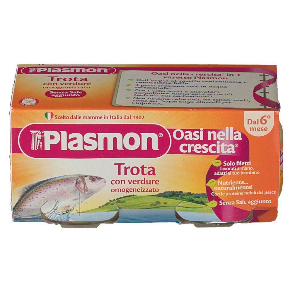 Plasmon Trota con verdure omogeneizzato, per neonati da 6 mesi.