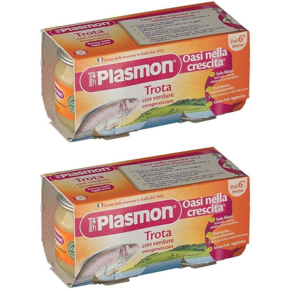 Due confezioni di omogeneizzato Plasmon Trota con verdure, per neonati dai 6 mesi.