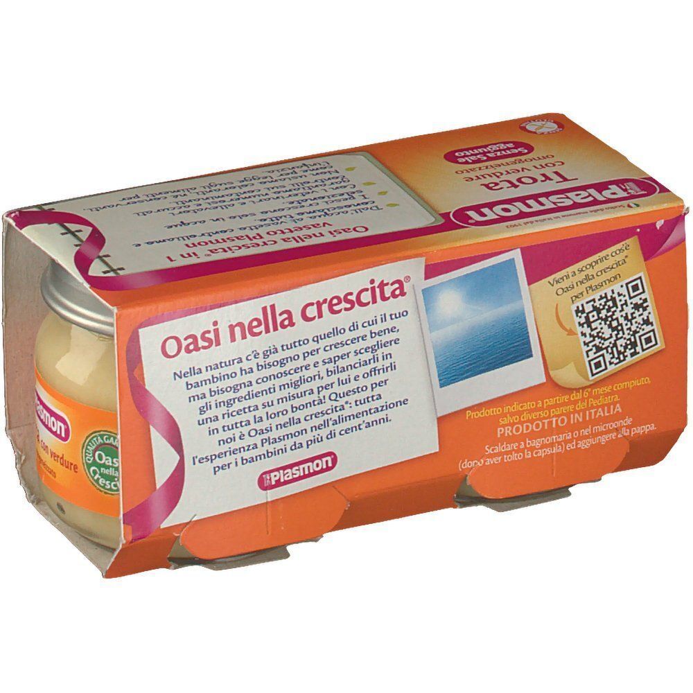 Vasetto Plasmon Oasi nella crescita con verdure, in confezione con testo e QR code.