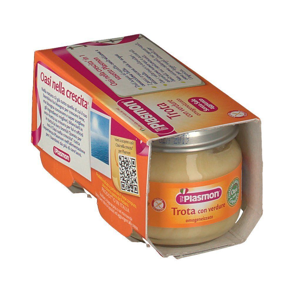 Vasetto Plasmon Trota con verdure, in confezione arancione.