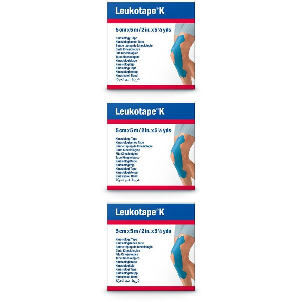 Leukotape K Kinesiology Tape, 5cm x 5m. Confezione mostra ginocchio con nastro blu.