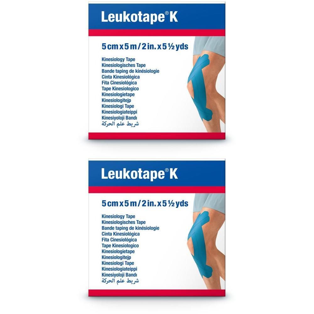 Due confezioni di nastro kinesiologico Leukotape K, 5 cm x 5 m, con illustrazione di un ginocchio.