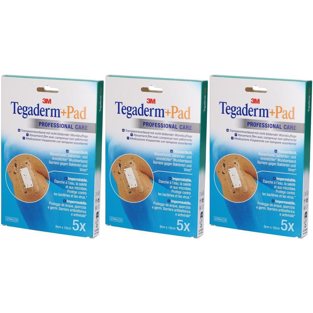Tre confezioni di cerotti Tegaderm+Pad con medicazione, 9x10cm, 5 pezzi per confezione.