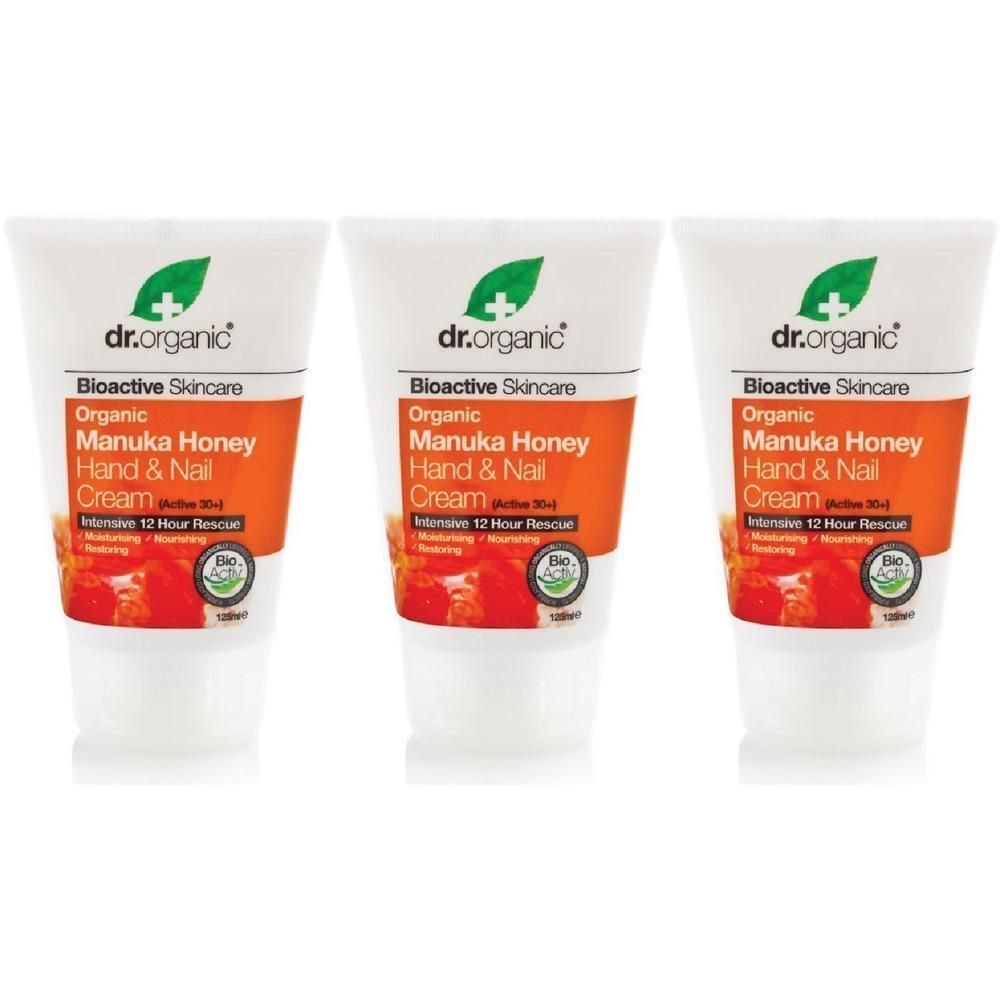 Tre tubi di crema mani e unghie al miele di Manuka Dr. Organic.