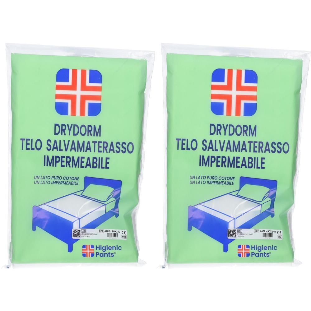 Due teli salvamaterasso impermeabili in cotone, confezione verde con illustrazione letto.