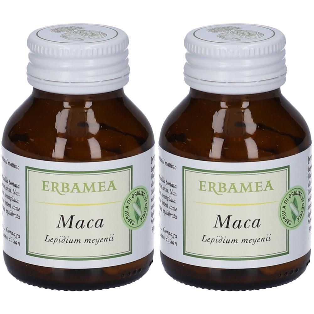 Due flaconi di capsule Erbamea Maca. Flaconi in vetro ambrato con tappi a vite bianchi ed etichette.