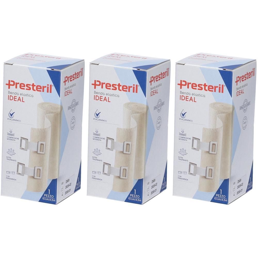 Tre confezioni di bende elastiche Presteril Ideal, ciascuna con due clip di fissaggio.