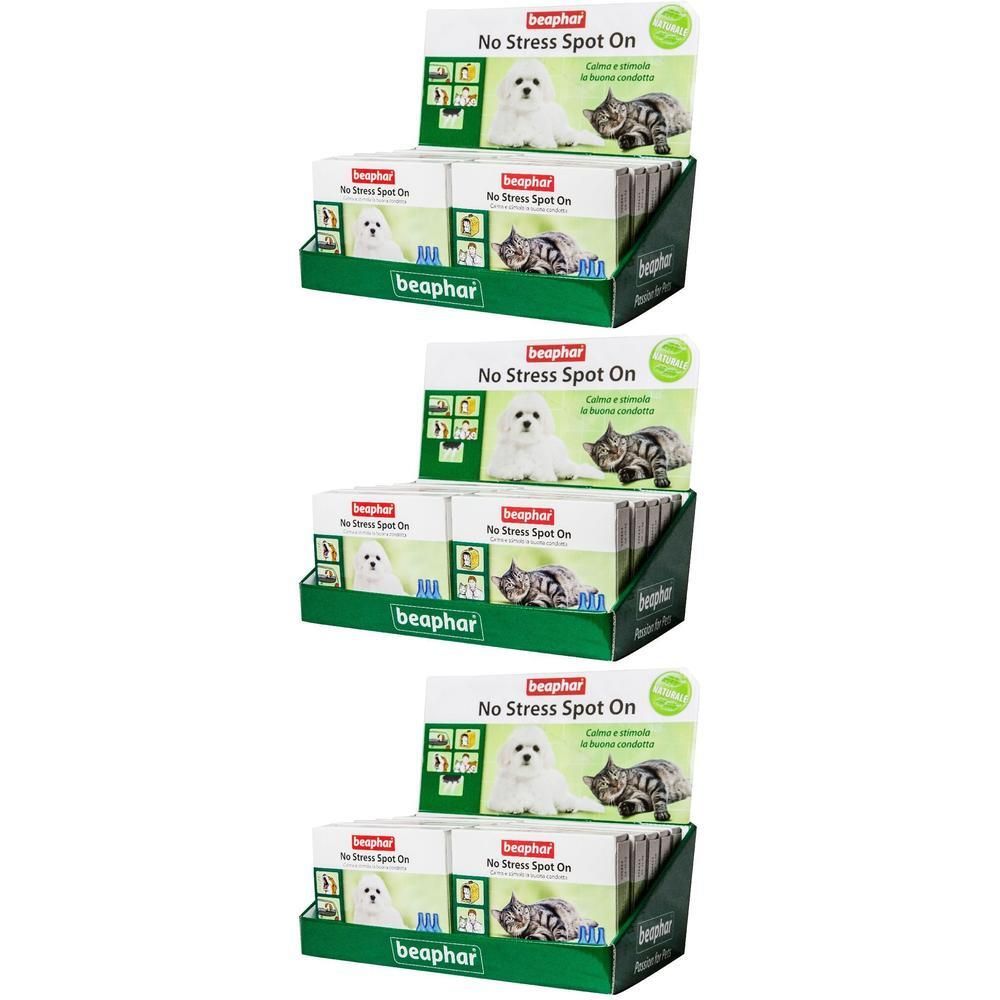 Espositore da vendita con diverse confezioni "Beaphar No Stress Spot On" per animali.