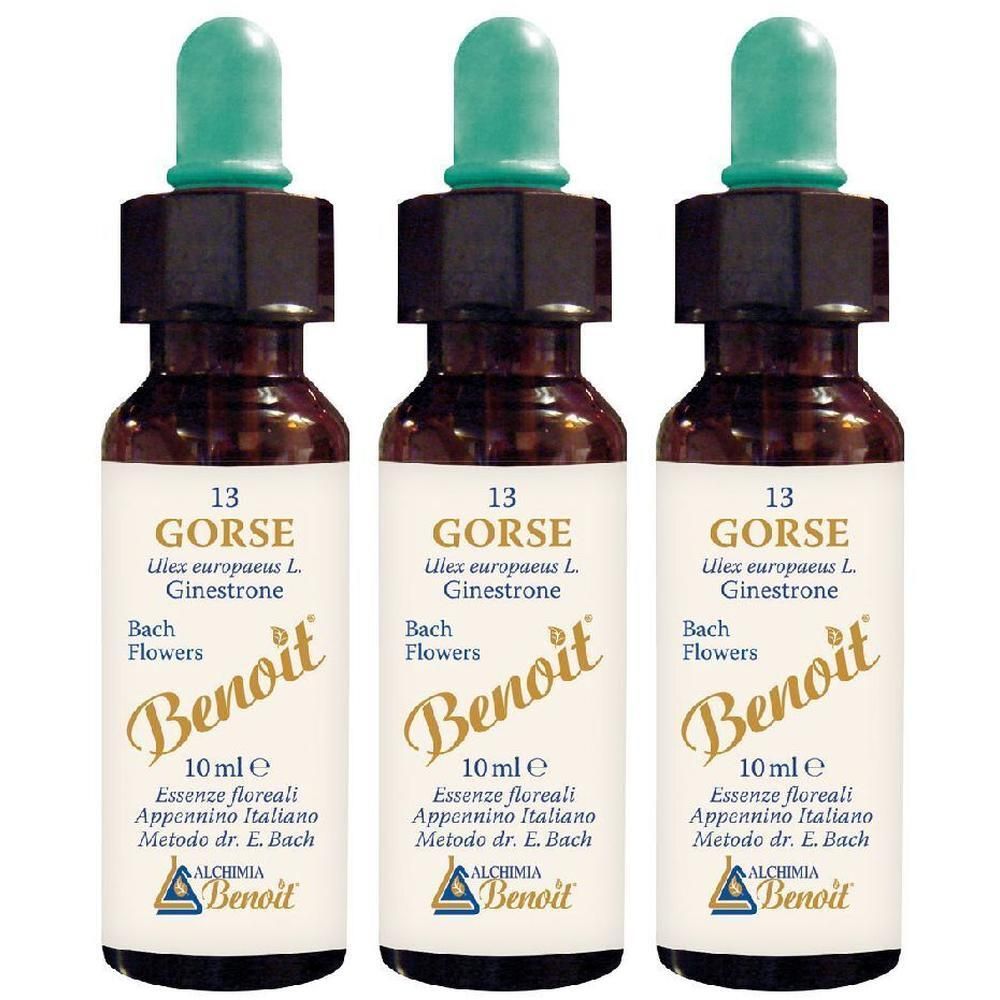 Tre flaconi Fiori Di Bach Gorse 10ml con contagocce. Flaconi in vetro marrone con etichette.