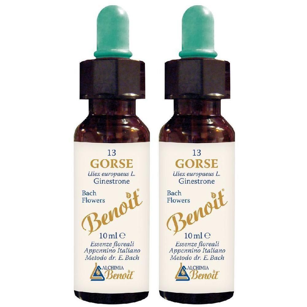 Due flaconi di Gorse Fiori di Bach Benoit, 10 ml ciascuno, con contagocce.