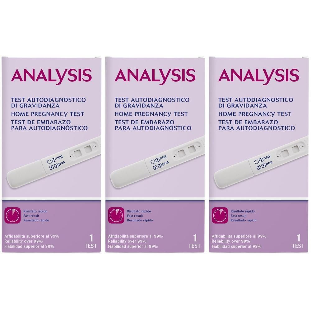 Tre confezioni di test di gravidanza 'Analysis', confezionati singolarmente.